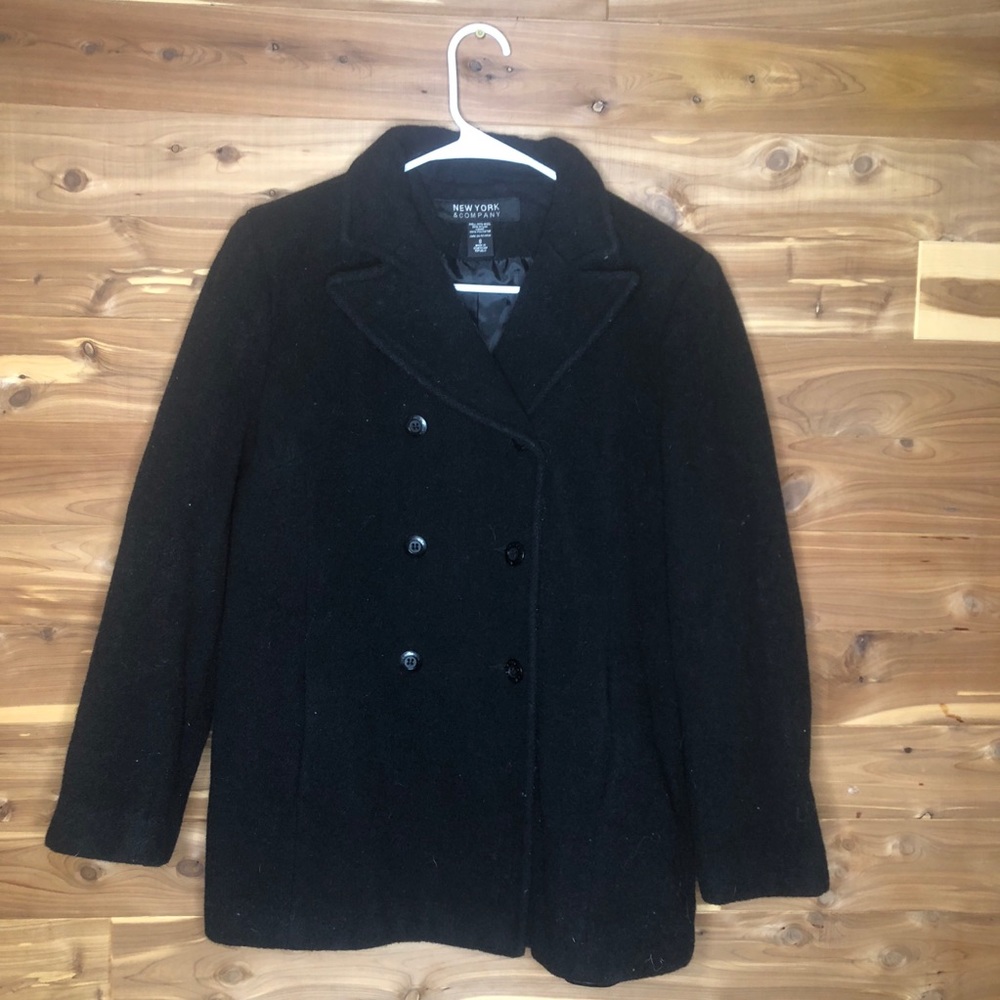 New York And Company Wool Blend Pea Coat Black 8 - Picture 2 of 7